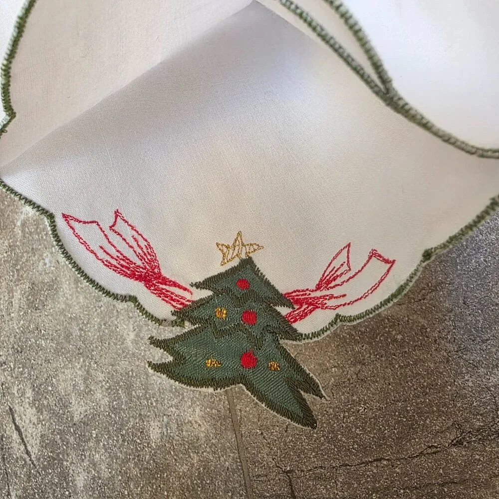 VTG Christmas Fabric Dinner Roll Cozy Holder Liner Embroidered Red Green Tree
